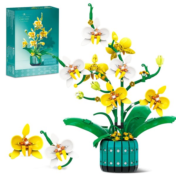 KOJAYHOL Orchid Bonsai Building Set, 986 Piece Flowers Building Set for Adults, Artificial Flower Building Blocks Set with Yellow & White, Christmas, Birthday, Valentine's Day Gifts
