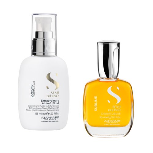 Alfaparf Milano Semi di Lino Cristalli Liquidi Hair Oil Serum and Diamond All-In-One Leave-In Fluid Set for All Hair Types - Heat Protector - Smooths, Adds Shine - Instant Hair Makeover- Vegan Formula