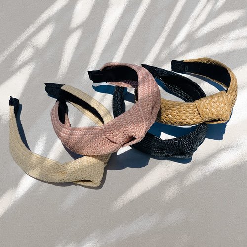 LUX TRENDS Set of 4 Straw Raffia Top Knot Headbands for Women Girls Hair Braided Headbands Knotted Turban Boho Wide Thick Top Knot Beach Summer Bohemian Hairbands