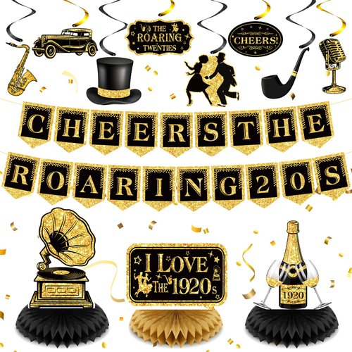 RUMIA Roaring 20s Party Decorations Black and Gold Birthday Cheer to Roaring 20s Banner Honeycomb Centerpiece Hanging Swirls Kit for Birthday 1920s Vintage Wedding Retro Jazz Party Supplies