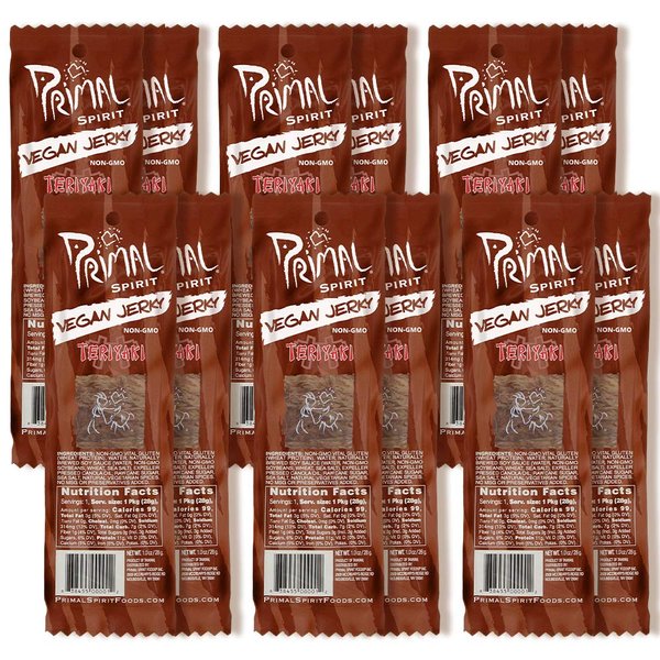 Primal Spirit Vegan Jerky - “Classic Flavor” – Teriyaki, 10 g. Plant Based Protein, Certified Non-GMO, No Preservatives, Sports Friendly Packaging (12 Pack, 1 oz)