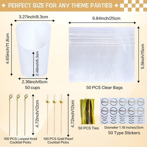 50 Sets 14oz Disposable Charcuterie Cups with 200 Sticks, 50 Bags & 50 Stickers | Eco-Friendly Snack Holders for French Fries, Fruits, Desserts | Birthday Wedding Party Supplies（ white）