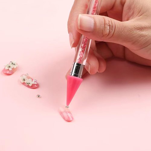 Jutqut 2Pcs Rhinestone Picker Tool, Acrylic Handle Rhinestones Applicator Dual-Ended DIY Nail Art Tool with 2 Extra Wax Tips, Wax Tip Pencil DIY Nail Dotting Pen (Pink White)