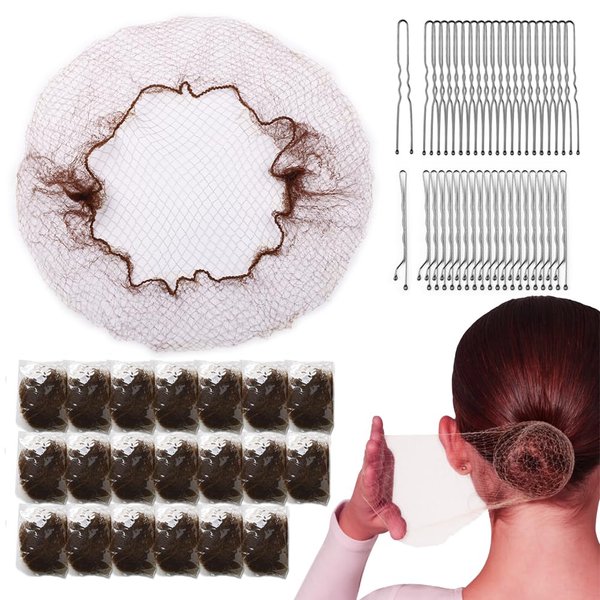 Hair Nets for Women - 20 Invisible Hair Nets(24inch) with 65 U-Shaped Bobby Pins Hair Bands, Hair Nets for Food Service, Bun Making, Ballet and Versatile Hair styling, Brown