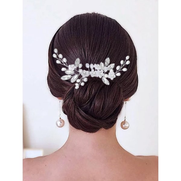 Yean Flower Bride Wedding Hair Comb Sliver Pearl Bridal Hair Piece Crystal Hair Accessories for Women and Girls
