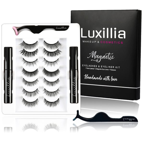 Luxillia Magnetic Eyelashes with Eyeliner 10-Piece Set, Most Natural Looking Magnetic Lashes Kit with Applicator, Best 8D, 3D Look, Reusable Fake Eye Lash, No Glue, Strongest Waterproof Liquid Liner