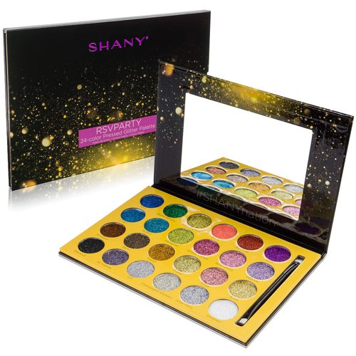 SHANY RSVParty Makeup Glitter Eyeshadow Palette - 24 Long-Lasting Pressed Glitter Pigments for Face and Body - Ultra Pigmented Glitter Makeup set with a Makeup Brush. Full Size Eyeshadow Pan.