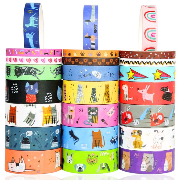 NIKOMIE Cute Washi Tape Set,24 Rolls Kawaii Animals Decorative Tape Cat Dog Masking Washi Tape for Journaling Supplies, Scrapbooking, DIY Arts & Crafts, Gift Wrapping