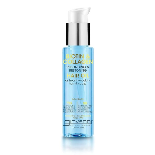 GIOVANNI Biotin & Collagen Hair Oil - Rebonding & Restoring, Vegan, Cruelty-Free, Infused with Natural Botanical Ingredients, Salon-Quality, For Healthy-Looking Hair & Scalp - 1.9 Oz