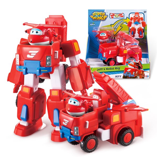 Super Wings Transformer Toys, 7" Jett Robot Suit and 2” Scale Transforming Jett Mini Action Figure,2-IN-1 Mode Vehicle and Robot,Fire Truck Toy Vehicle Playset for Kids 3+,Gifts for Boys and Girls,Red