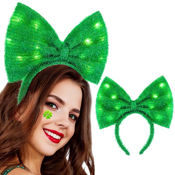 Firuilo St Patricks Bow Headbands Light Up Bowknot Hair Bands Glitter Tinsel Bows Head Bands LED Irish Knotted Hair Hoop for Women and Girls(Green) (Type A)
