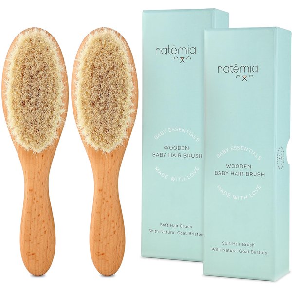 Natemia Soft Bristle Baby Hair Brush Set - 2 Pack Wooden Brushes for Newborns, Toddlers, and Baby Registry Gift