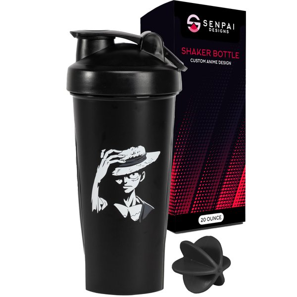 Senpai Designs Pirate Anime Shaker Bottle - 20 Ounce - Shaker Bottle with Shaker Ball - Nutrient Shake - Protein Shake, Meal Prep & Replacement - Gym Workout Bottle - Anime (Black)