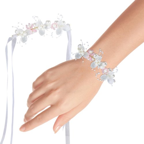 Paderison Pink Flower Girl Headband Princess Crystal Headpiece 5.4 Inches Wrist Flower Crown Hair Accessories for Women Girls Bridal Wedding Pearl Hair Band Toddler Birthday Party Communion