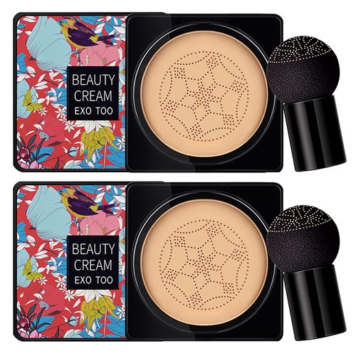 2 Pack Mushroom Head Air Cushion CC Cream Foundation,Beauty Cream EXO TOO Moisturizing BB Cream, Long Lasting Matte Concealer with 2PCS Mushroom Head Sponges (Natural)