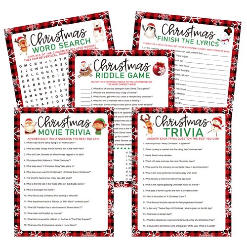 Whaline 100Pcs Christmas Trivia Games Question and Answer Cards 5 Designs Xmas Vacation Game Guessing Activity Party Game Red Black Paper Cards for Party Supplies