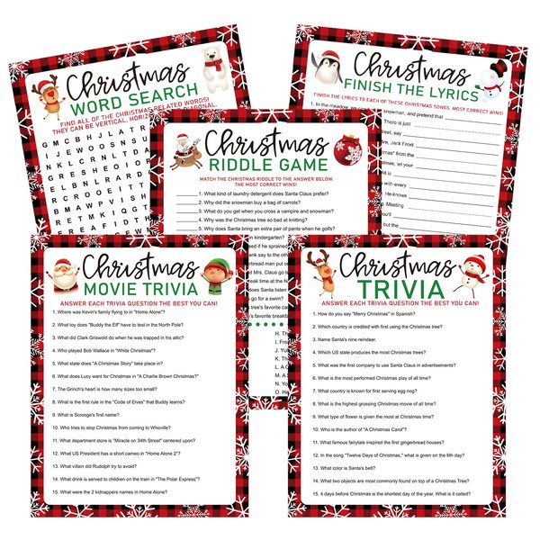 Whaline 100Pcs Christmas Trivia Games Question and Answer Cards 5 Designs Xmas Vacation Game Guessing Activity Party Game Red Black Paper Cards for Party Supplies