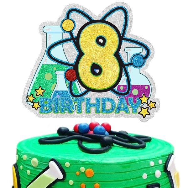 Science Happy 8th Birthday Cake Topper Chemistry Theme Cake Decorations Boys Girls Birthday Party Decor Supplies