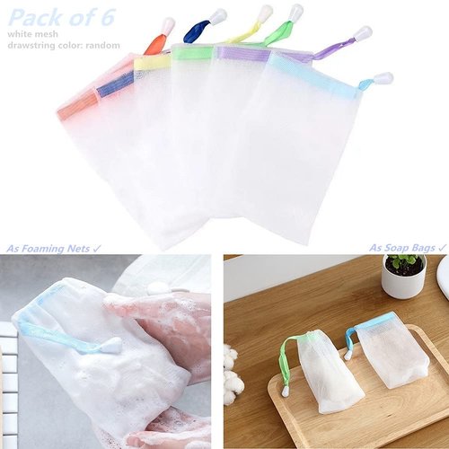 FULINJOY 6 PCS Exfoliating Mesh Soap Saver Pouch Bag Sack, Face Cleansing Foaming Nets, White Pouch with Drawstring (Color Random)
