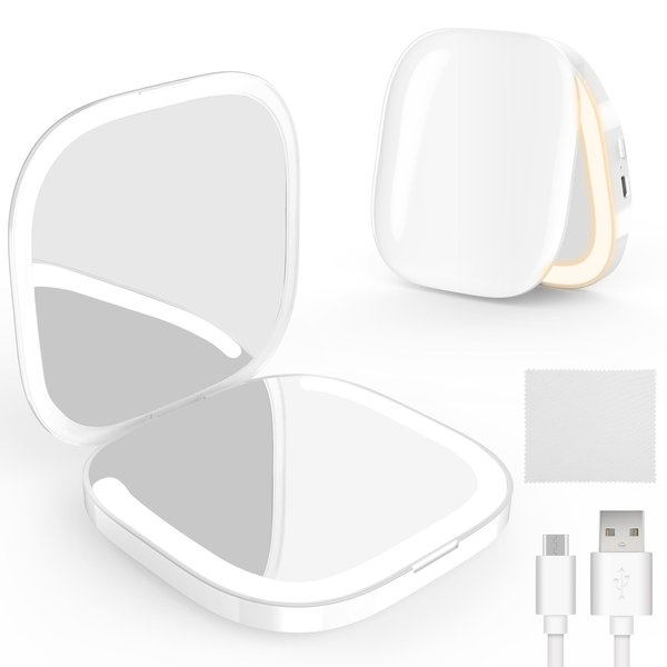 MY BEAUTY LIGHT Compact Mirror, Lighted 1X/3X Magnifying 2-Sided Travel Makeup Mirror, Portable Bright Pocket Mirror for Handbag and Purse, USB Charging (White)