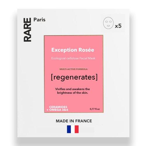 RARE Paris - Exception Rosee - Regenerating Facial Mask - Hydrating & Brightening Sheet Mask with Ceramides & Omega 3&6 - Anti-Aging, Firming, Revitalizing - Made in France - 5/box