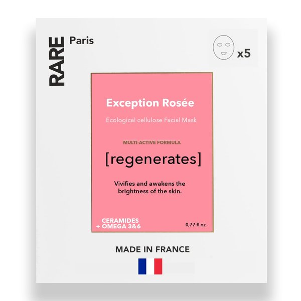 RARE Paris - Exception Rosee - Regenerating Facial Mask - Hydrating & Brightening Sheet Mask with Ceramides & Omega 3&6 - Anti-Aging, Firming, Revitalizing - Made in France - 5/box