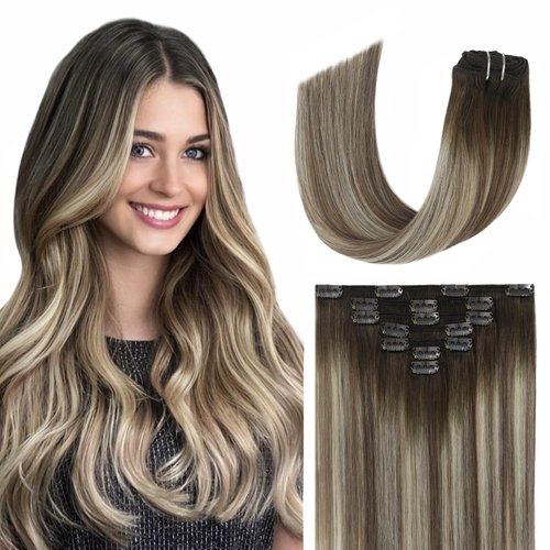 EYEFULL STELL Remy Human Hair Clip in Extensions for Women 18 inch 120G 7PCS Ombre Walnut Brown to Ash Brown Mix Light Blonde Balayage Clip ins Real Human Hair Extensions Straight Natural Clip on Hair