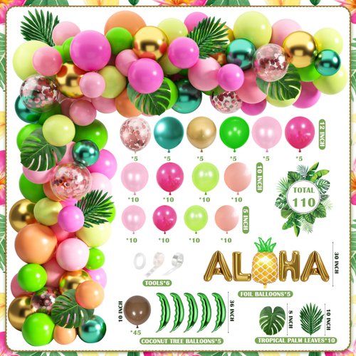 Tropical Luau Balloons Arch Garland Kit Luau Party Decorations with Palm Leaves Flamingo Palm Tree Aloha Foil Balloon Coconut Balloons Set for Tropical Hawaiian Aloha Luau Flamingo Party (Aloha-A)
