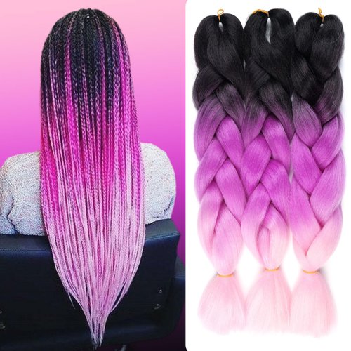 Black Purple Pink Braiding Hair Extensions Ombre Braiding Hair 3 Packs 24 inch Synthetic Hair for Braiding