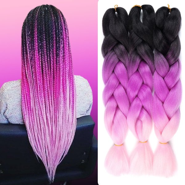 Black Purple Pink Braiding Hair Extensions Ombre Braiding Hair 3 Packs 24 inch Synthetic Hair for Braiding