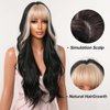 Allbell Long Wavy Black Wigs for Women With Blonde Bangs Golden Front Highlight Hair Cosplay Wig Heat Resistant Fiber Daily Use Party Cosplay