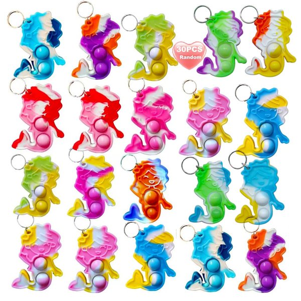 Goodangie00 30 Packs Rainbow Bulk Mermaid Mini Pop Fidget Backpack Keychain Toy for Kids Girls Birthday Party Favors Gift and Classroom Student Prizes