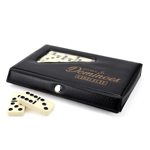 ERLLE Dominos Set Game. Premium Classic 28 Pieces Double Six Domino. Durable Leather Box. Kids, Boys, Girls, Party Favors and Anytime Use. Duoble 6 Dominoes.(PVC Edition)