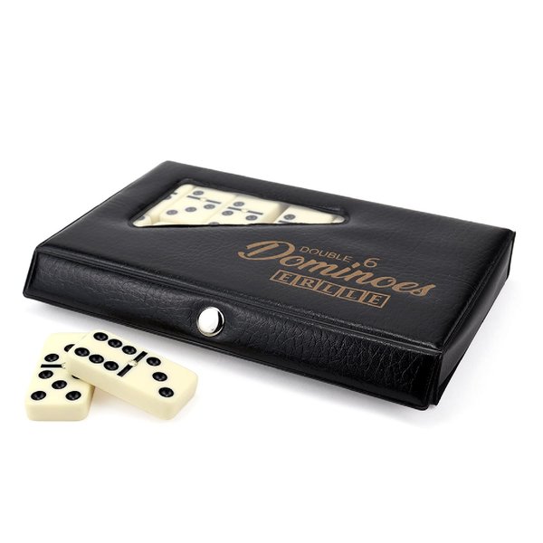 ERLLE Dominos Set Game. Premium Classic 28 Pieces Double Six Domino. Durable Leather Box. Kids, Boys, Girls, Party Favors and Anytime Use. Duoble 6 Dominoes.(PVC Edition)