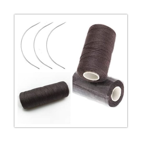 3 Rolls Cotton Sewing Thread Hair Weaving Thread Making Wig Hair Extension Hair Salon Weft Thread Black Brown Beige Thread with 3 Curved Needles (Dark Bown/3Pcs)