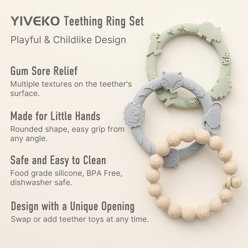 YIVEKO Baby Teether Rings Silicone Teethers for Babies Multi Use Baby Toy Rings Teething Toys for Infants Baby Chew Toys Baby Teething Rings for Infant Boys and Girls 3 Pack-Blush