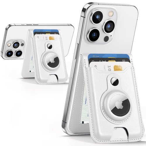 for Magsafe Wallet with Airtag Holder, Magnetic Wallet for iPhone 16/15/14/13/12 Series, 6 Cards Holder, ID Window, Adjustable Stand, Vegan Leather, RFID Blocking, 3 Slots, White