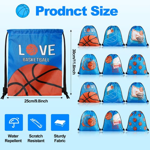PLMMOUT 12Pcs Basketball Drawstring Bags,Basketball Party Favors Goodie Bags,Basketball Backpacks Gift Bags for Sports Party Supplies(Blue)