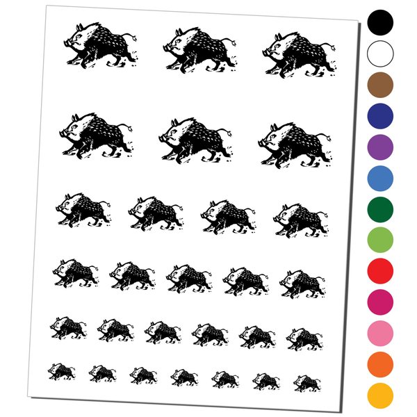 Charging Wild Boar Swine Pig Temporary Tattoo Water Resistant Fake Body Art Set Collection - Black (One Sheet)