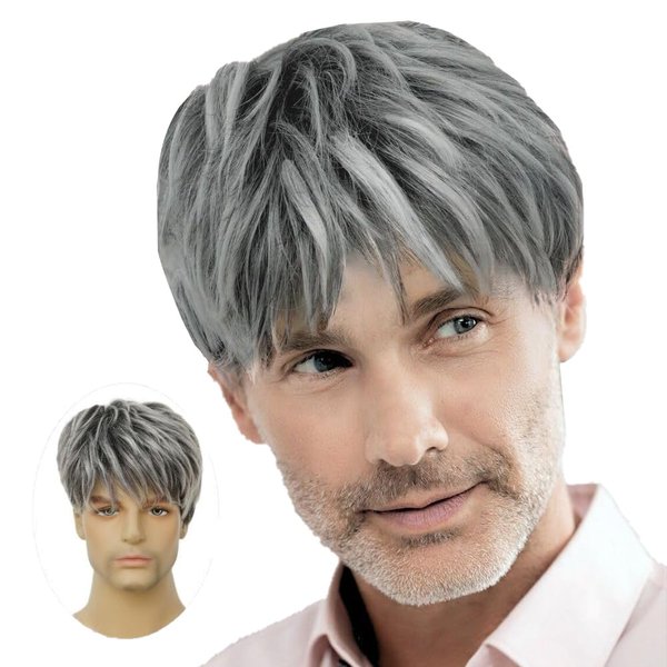 Swiking Grey Mens Short Wig Layered Natural Mix Black Synthetic Heat Resistant Realistic Male Hair Wig for Daily Use