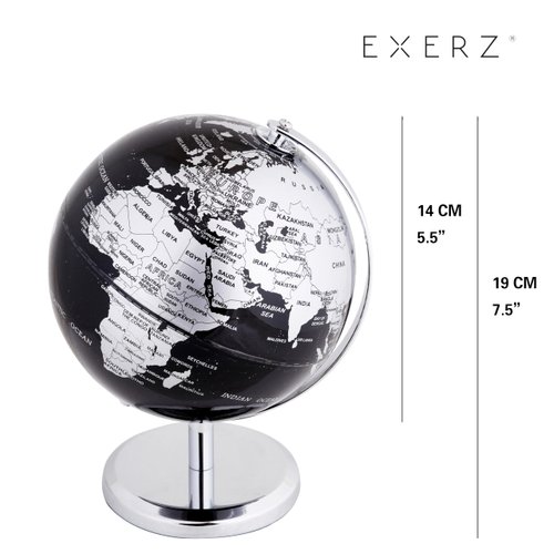 Exerz World Globe Black Dia 5.5-inch - Mini Educational Globe of Earth - Metal Base - Metallic Black