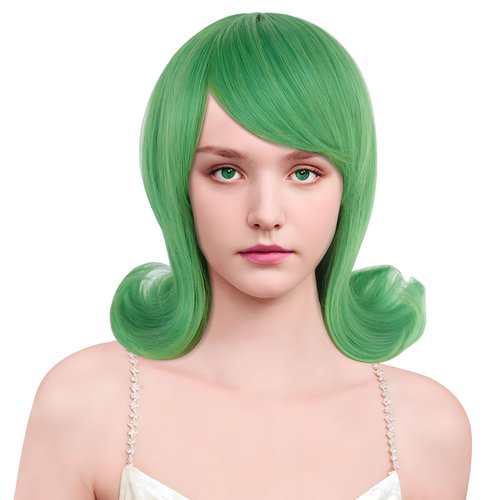 IEBIYO Disgust Wig Green Flip Wig 60s Green Bob Wig 50s Costume Wig Green Cosplay Wig with Bangs Heat Resistant Synthetic Hair for Women Girls