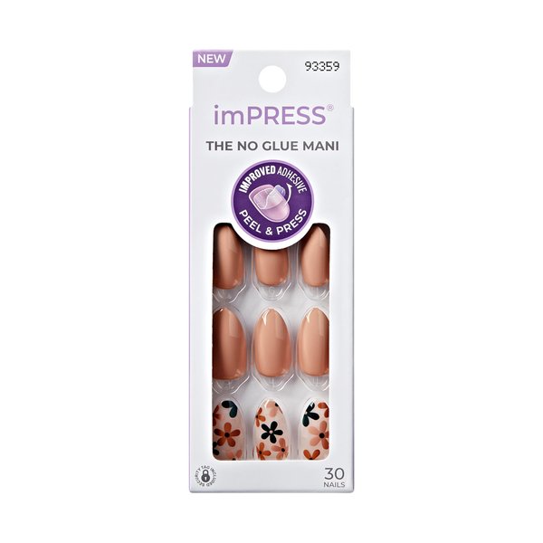 KISS imPRESS No Glue Mani Press-On Nails, Design, 'As It Was', Neutral/green, Medium Size, Almond Shape, Includes 30 Nails, Prep Pad, Instructions Sheet, 1 Manicure Stick, 1 Mini File