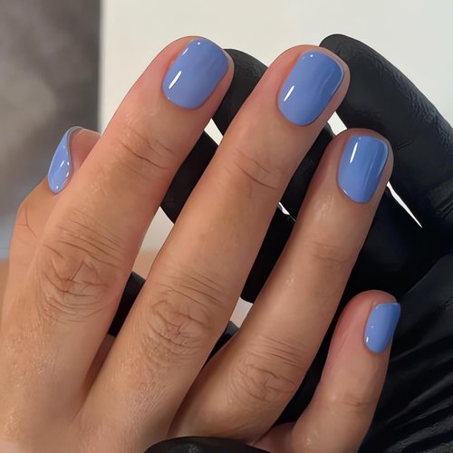 Blue Press on Nails Extra Short Fake Nails Square Petite Solid Color Acrylic Nails Baby Blue Short False Nails with Designs Light Blue Reusable Artificial Stick on Nails for Women Girls DIY Manicure