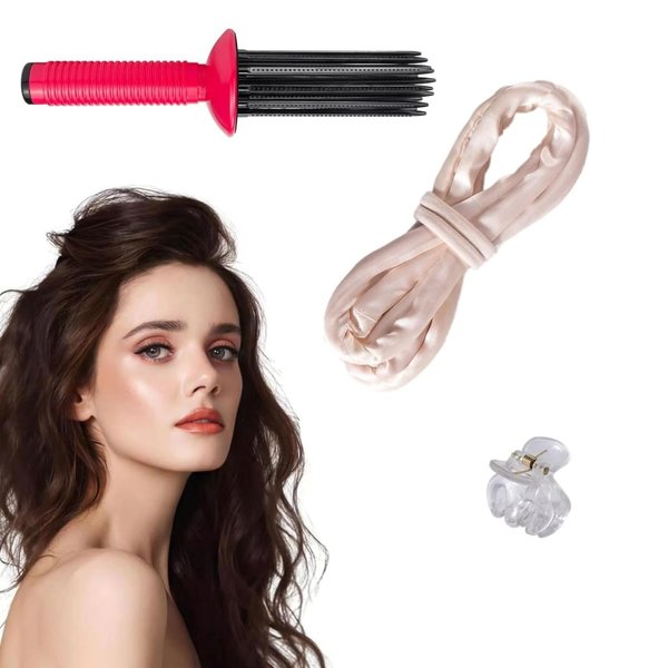 Neuvikter Heatless Curling Rod Headband with Hair Clips and Scrunchie, Hair Brush Styler for Curly Hair, Sleeping Curls Silk Ribbon with Hair Rollers for Long Hair (3Pcs-White)