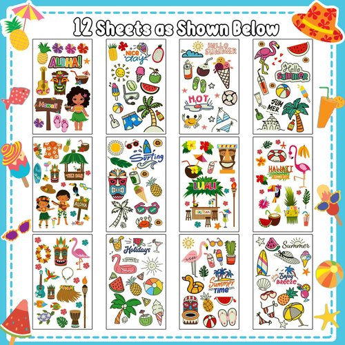 Partywind 190 Styles Luminous Hawaiian Luau Party Decorations, Glow Hawaiian Temporary Tattoos for Kids, Luau Tropical Pool Beach Party Supplies Favors (12 Sheets)