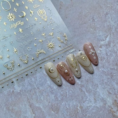 4Sheets 5D Gold Nail Art Stickers Totems Moon Star Butterfly Delicate Spring Nail Art Decal Supplies for Women Girls Salon DIY Acrylic Nails Design (Gold Totems)
