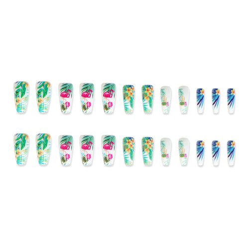 Tropical Press on Nails, 24 Pcs Long Coffin Fake Nails, Flower Leaf Designs Spring Summer Glue on Nails, Full Cover False Nails, Hawaiian Exquisite Static False Nails for Women