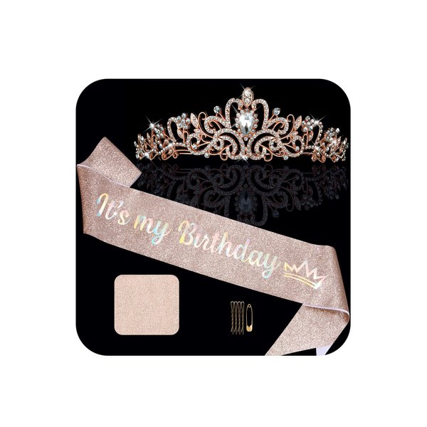 Exacoo Birthday Sash for Women Girls and Birthday Crown Tiaras for Women Birthday Gifts for Women Happy Birthday Decorations Crystal Rhinestone Rose Gold