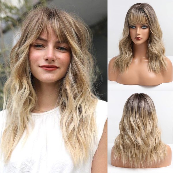 HAIRCUBE Brown to Blonde Wigs with Bangs Synthetic Wigs Curly Hair Long Natural Wave Heat Resistant Hair Wigs for Women for Daily Party 20Inches